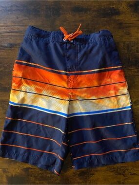 Tony Hawk Boys Navy Blue Orange Yellow Stripe Swim Trunks